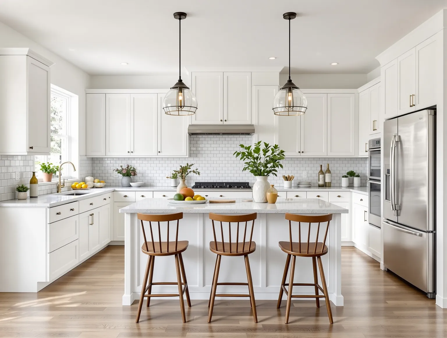Bright white kitchen with quartz island