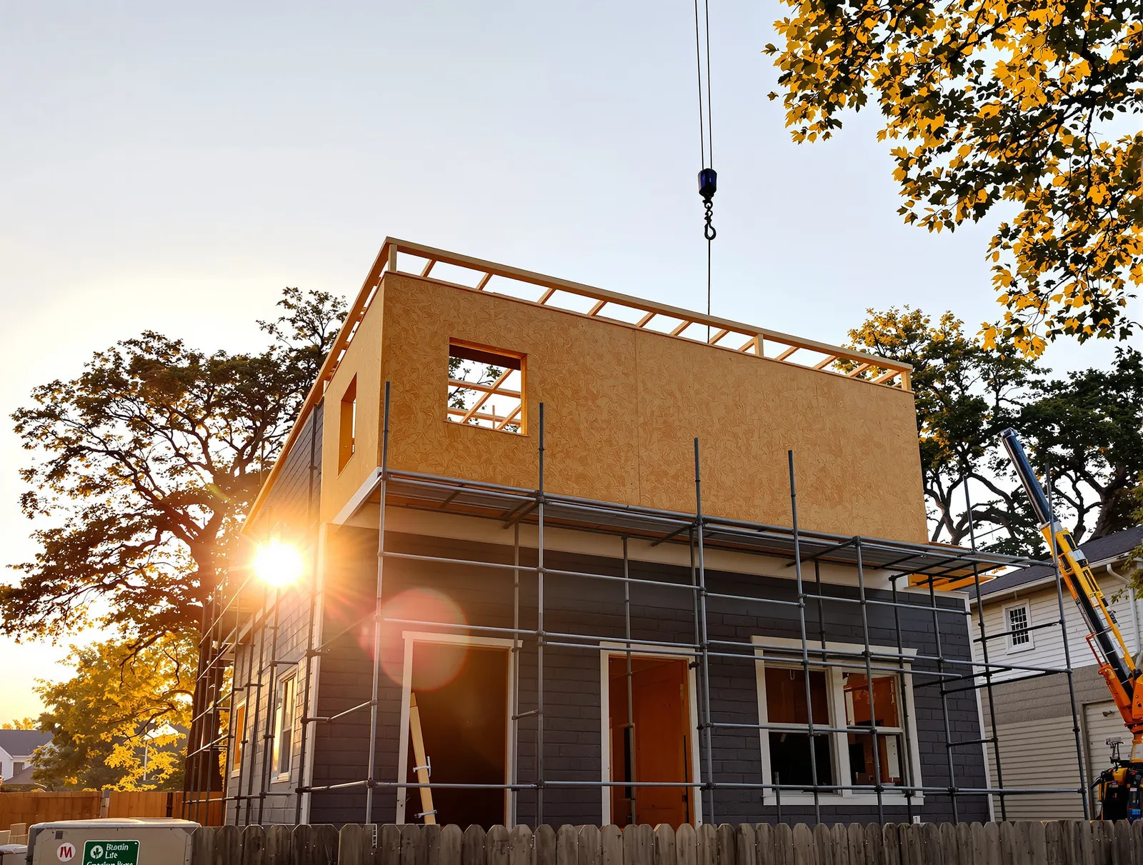 A newly framed second-story addition rising above the roofline of an older Chicago home at golden hour